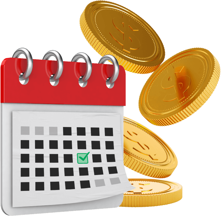 A calendar and gold coins stack indicates saving money and investment.