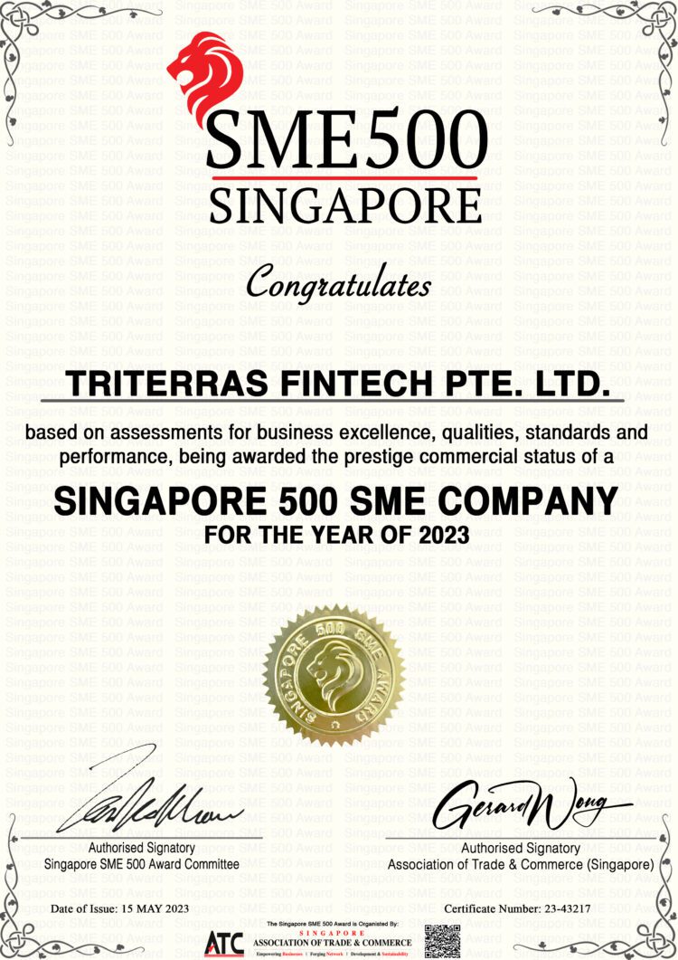 Image of the 'Singapore SME 500 Award 2023' certificate won by Triterras.